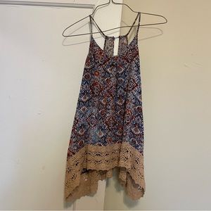 Floral halter tank top with lace/crochet bottom and keyhole back